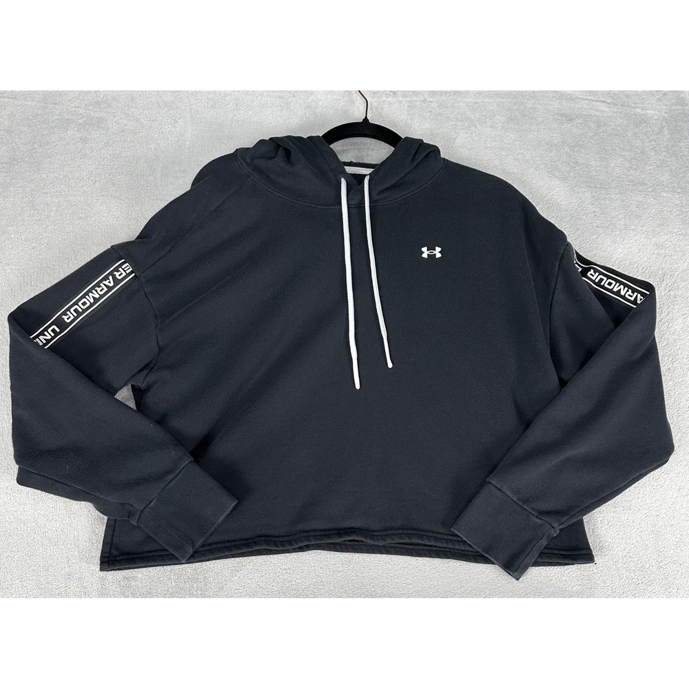 Under Armour Hoodie Womens Large Black Cropped Logo Loose Fit Fleece Pullover